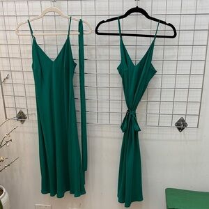Green Slip Midi Dress with Adjustable Tie Waist
